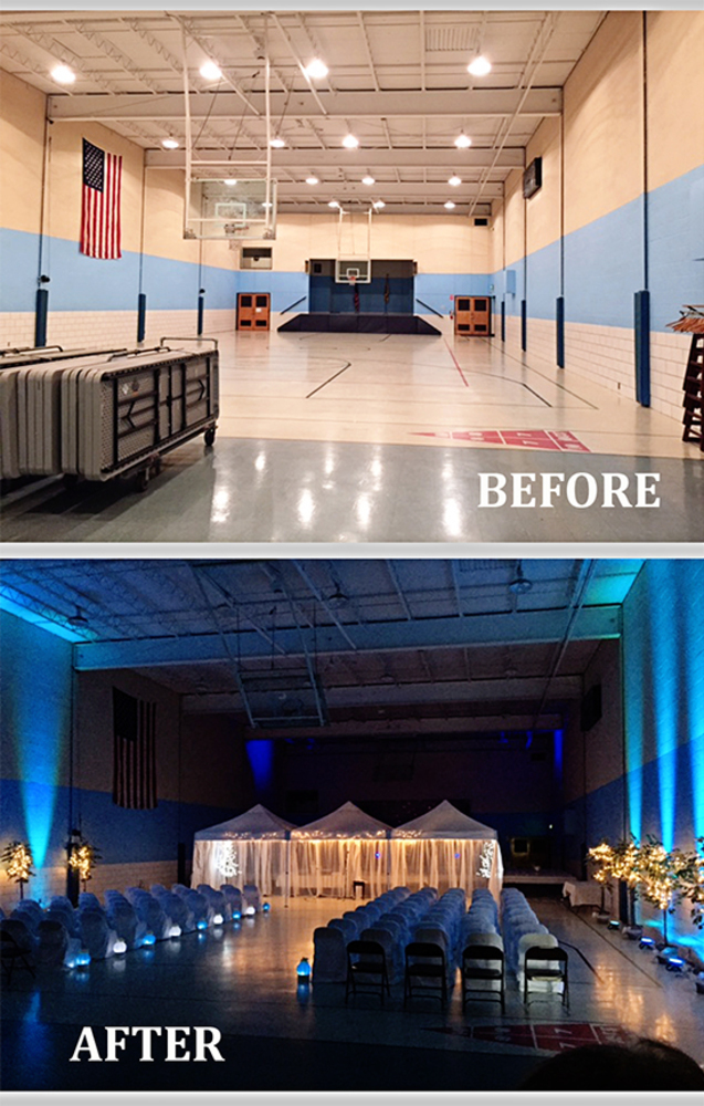 Before and After Uplighting at a Union Hall